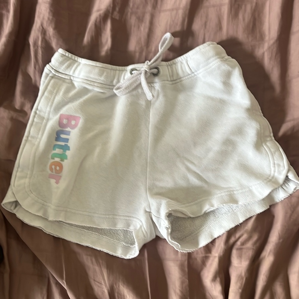 Butter shorts, size 12 kids, white, ombre logo